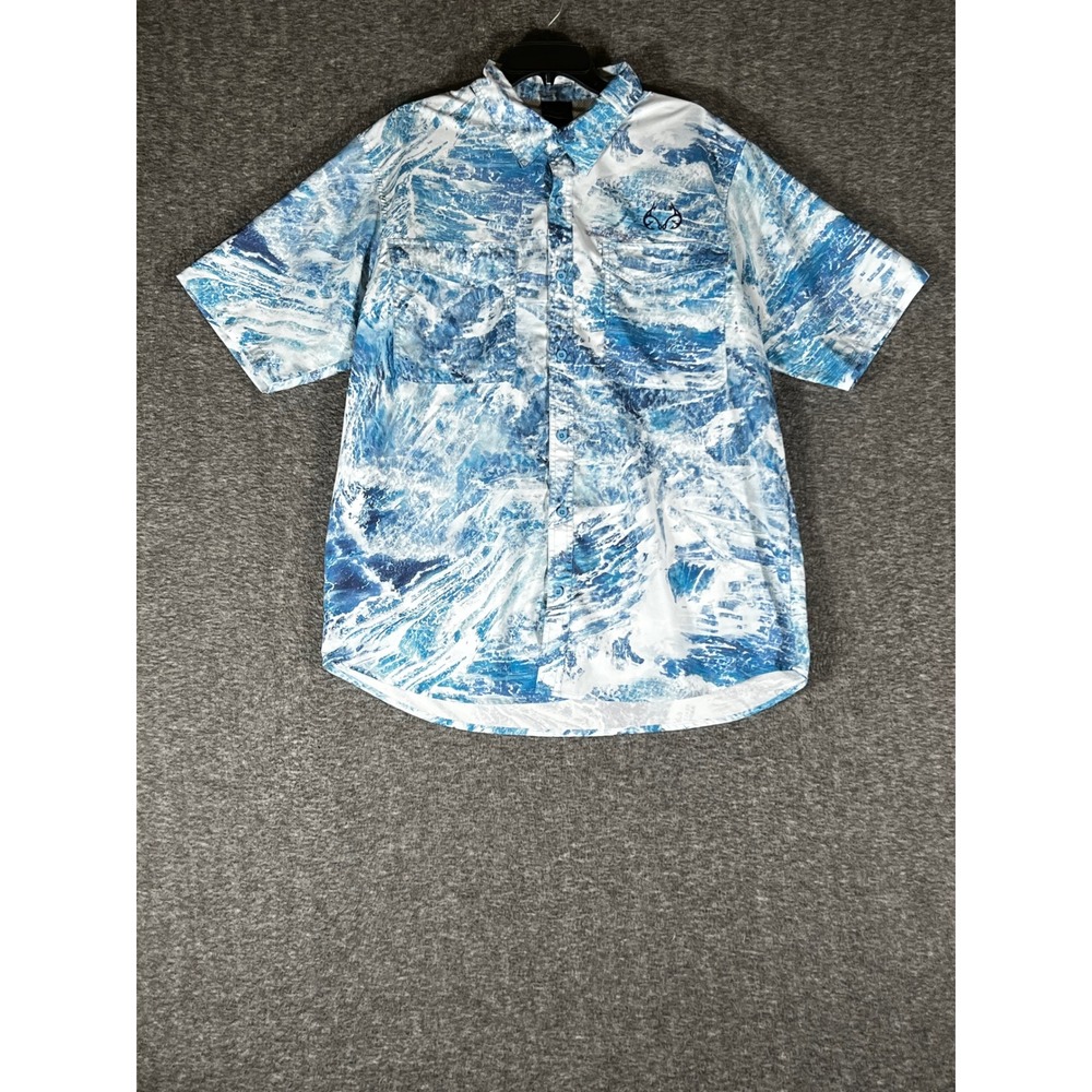 Realtree Fishing Mens XL Blue White Abstract Water Print Short Sleeve Shirt